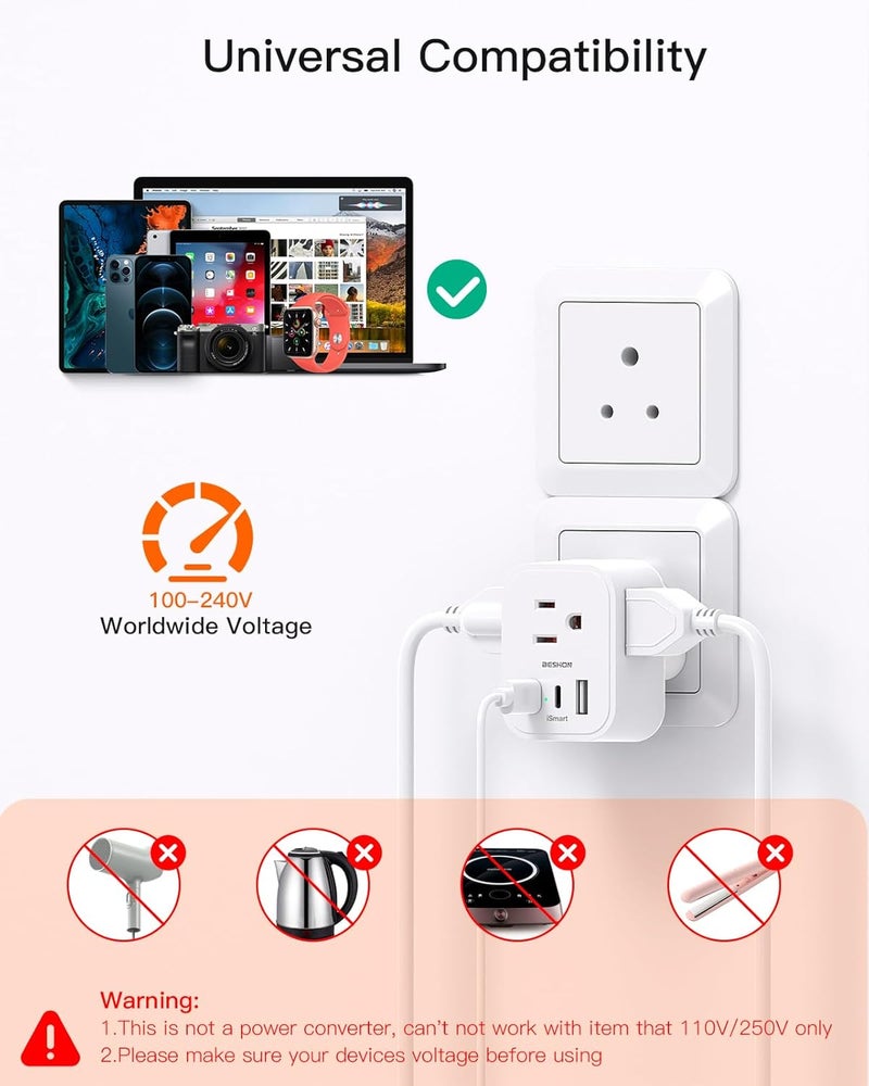 BESHON 【2 Pack】 US to India Plug Adapter, Type D Travel Plug with 3 Outlets 3 USB Ports(2 USB C), 6 in 1 India Power Travel Adapter for US to India, Bangladesh, Maldives - Image 5